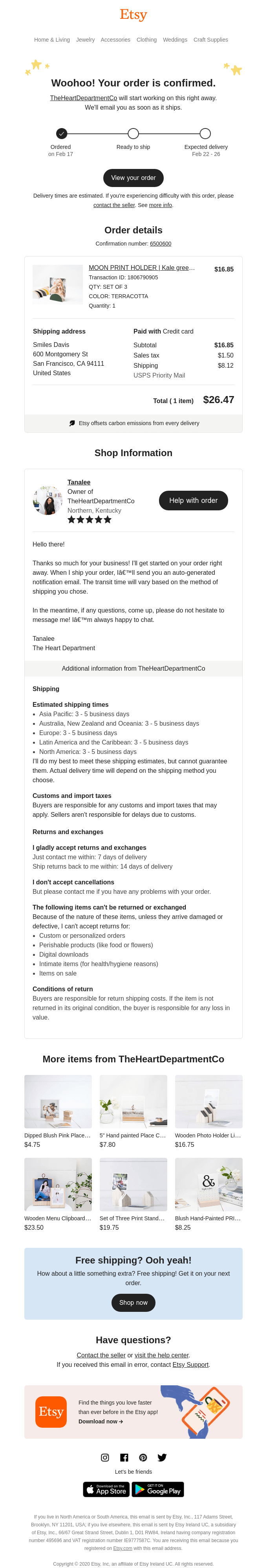 Etsy marketplace order confirmation email showing dual branding with platform and seller information, carbon offset messaging, and cross-selling opportunities